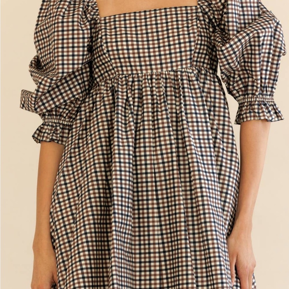 Gingham Checkered Pattern Puff Sleeve Mini Dress - image 6
